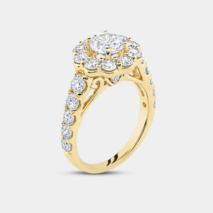 Gilded 4 Carat Lab-Grown Diamond Engagement Ring Set with a Round-Shaped Center and a Flower Halo