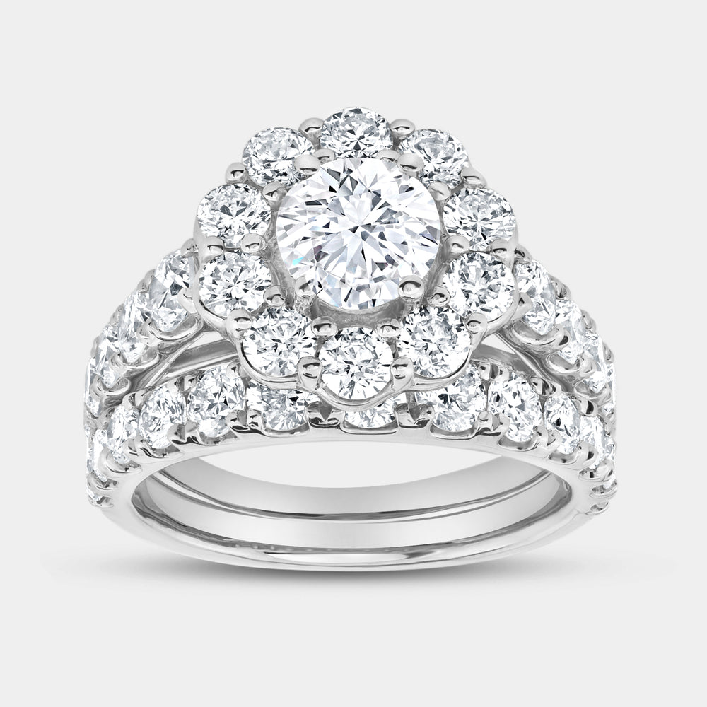 Gilded 4 Carat Lab-Grown Diamond Engagement Ring Set with a Round-Shaped Center and a Flower Halo