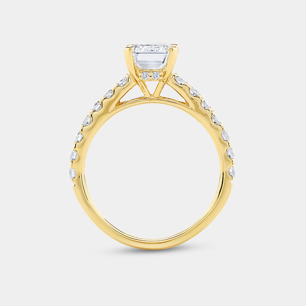 Gilded 2 and 1/2 Carat Emerald-Cut Solitaire Plus Engagement Ring with a Classic Shank