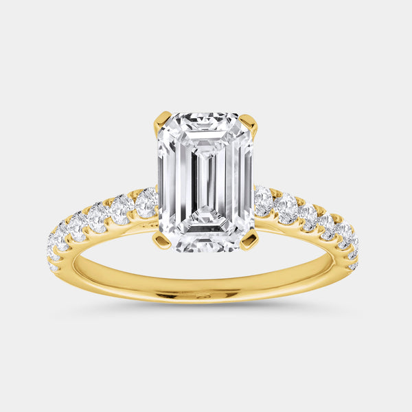 Gilded 2 and 1/2 Carat Emerald-Cut Solitaire Plus Engagement Ring with a Classic Shank