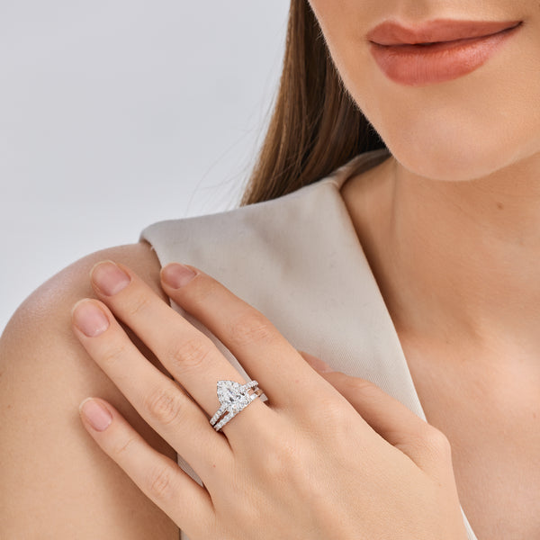 2 and 1/2 Carat Lab-Grown Diamond Pear-Shaped Halo Bridal Ring Set — GILDED New York