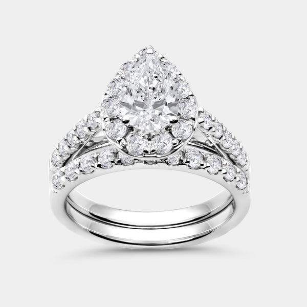 2 and 1/2 Carat Lab-Grown Diamond Pear-Shaped Halo Bridal Ring Set — GILDED New York