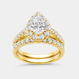 Gilded 2 and 1/2 Carat Lab-Grown Diamond Pear-Shaped Halo Bridal Ring Set