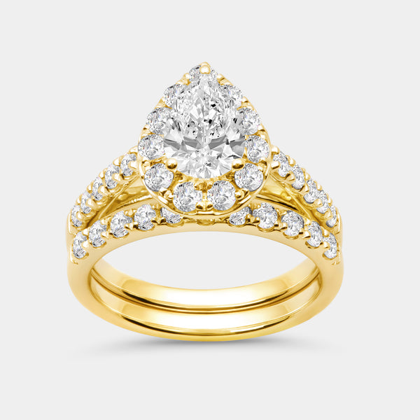 2 and 1/2 Carat Lab-Grown Diamond Pear-Shaped Halo Bridal Ring Set — GILDED New York