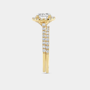Gilded 2 and 1/4 Carat Lab-Grown Diamond Engagement Ring Set with a Round-Shaped Center and a Cushion Halo