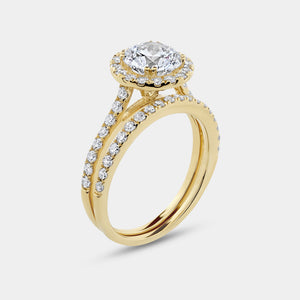 Gilded 2 and 1/4 Carat Lab-Grown Diamond Engagement Ring Set with a Round-Shaped Center and a Cushion Halo