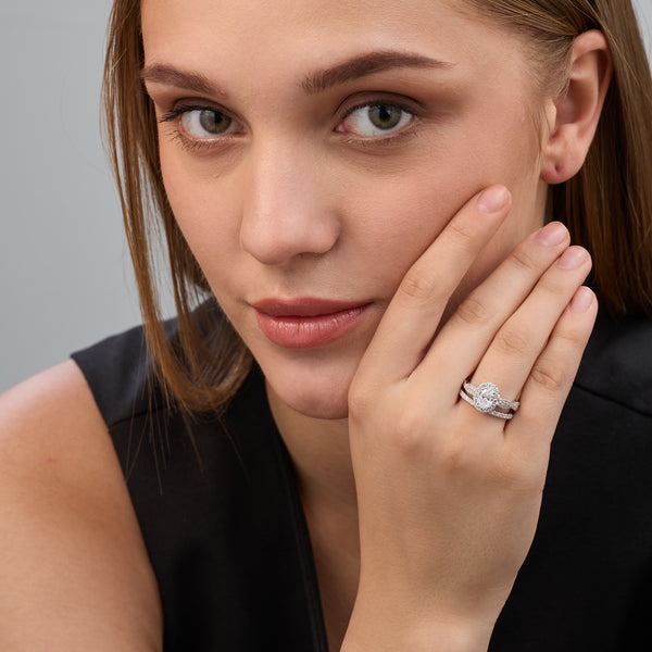 1 and 3/4 Carat Lab-Grown Diamond Oval-Shaped Halo Engagement Ring Set — GILDED New York