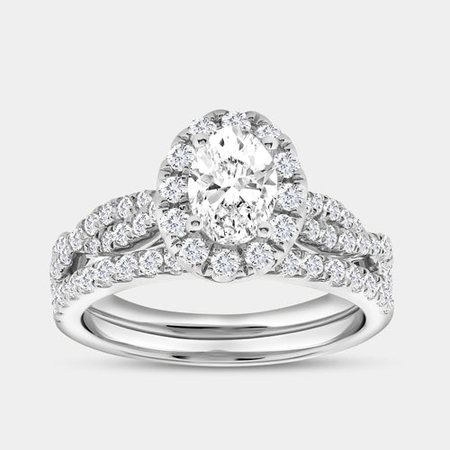 Gilded 1 and 3/4 Carat Lab-Grown Diamond Oval-Shaped Halo Engagement Ring Set