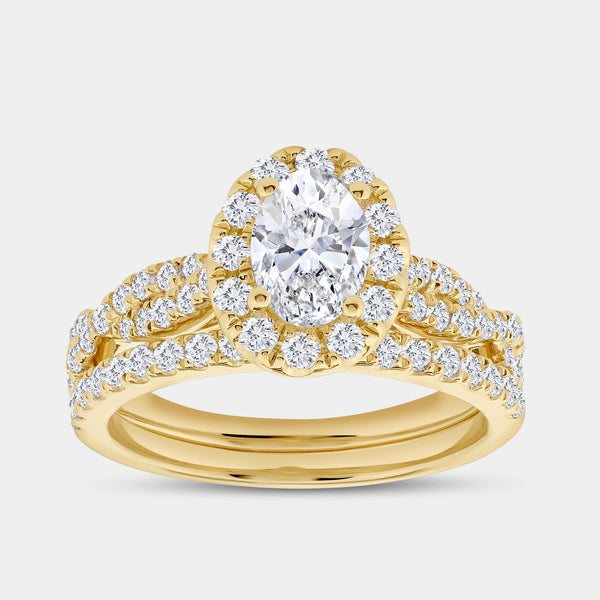 1 and 3/4 Carat Lab-Grown Diamond Oval-Shaped Halo Engagement Ring Set — GILDED New York