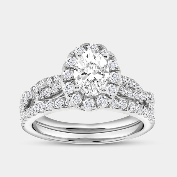 1 and 3/4 Carat Lab-Grown Diamond Oval-Shaped Halo Engagement Ring Set — GILDED New York