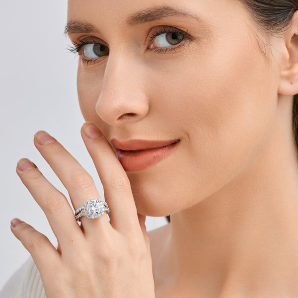 4 and 3/4 Carat Lab-Grown Diamond Engagement Ring Set with a Round-Shaped Center and a Cushion Halo — GILDED New York
