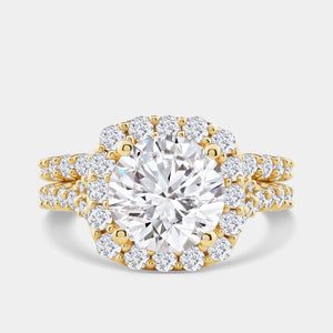Gilded 4 and 3/4 Carat Lab-Grown Diamond Engagement Ring Set with a Round-Shaped Center and a Cushion Halo
