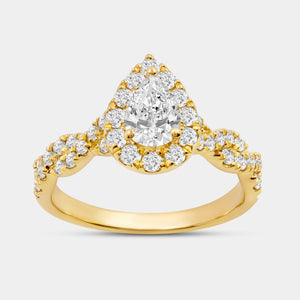 Gilded 1 and 1/4 Carat Lab-Grown Diamond Pear-Shaped Halo Engagement Ring with a Braided Shank