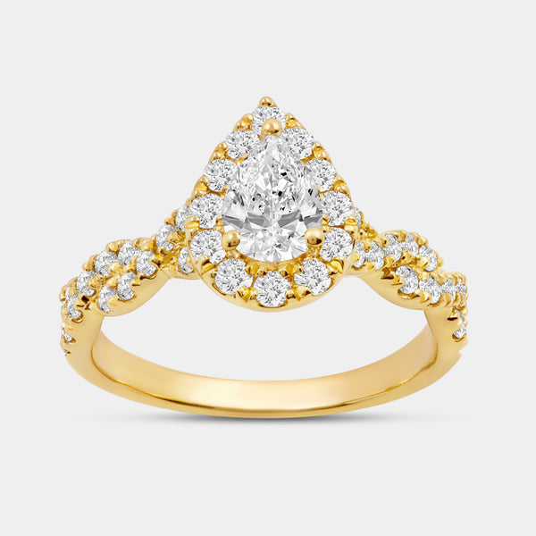 1 and 1/4 Carat Lab-Grown Diamond Pear-Shaped Halo Engagement Ring with a Braided Shank — GILDED New York