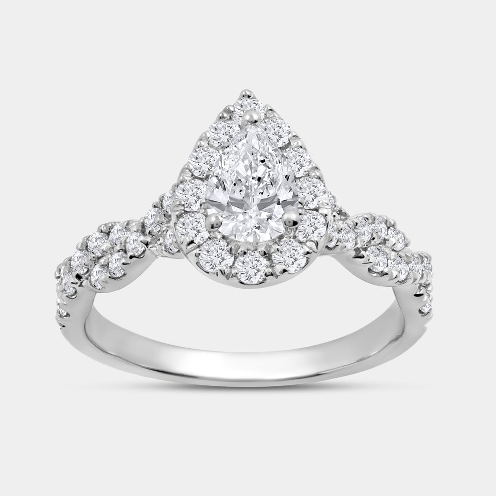 Gilded 1 and 1/4 Carat Lab-Grown Diamond Pear-Shaped Halo Engagement Ring with a Braided Shank