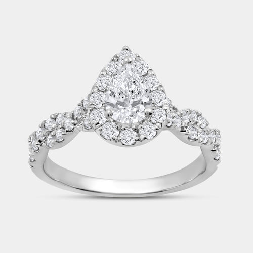 Gilded 1 and 1/4 Carat Lab-Grown Diamond Pear-Shaped Halo Engagement Ring with a Braided Shank