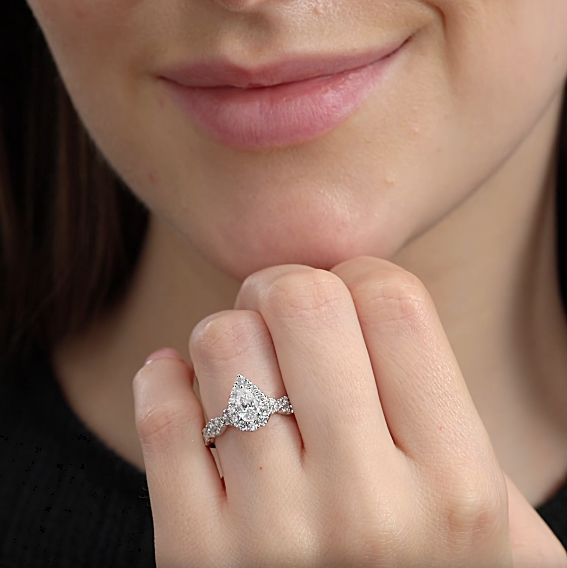1 and 1/4 Carat Lab-Grown Diamond Pear-Shaped Halo Engagement Ring with a Braided Shank — GILDED New York
