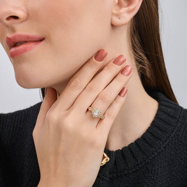 1 and 1/4 Carat Lab-Grown Oval-Shaped Halo Engagement Ring with a Braided Shank — GILDED New York