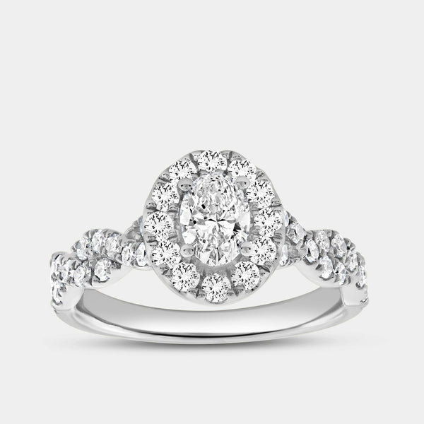 1 and 1/4 Carat Lab-Grown Oval-Shaped Halo Engagement Ring with a Braided Shank — GILDED New York