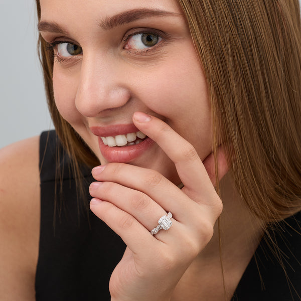 1 and 1/4 Carat Lab-Grown Diamond Emerald-Cut Halo Engagement Ring with a Braided Shank — GILDED New York