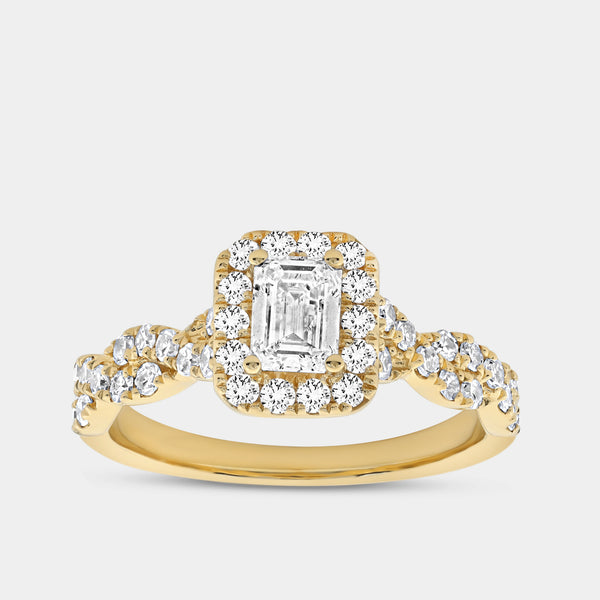 1 and 1/4 Carat Lab-Grown Diamond Emerald-Cut Halo Engagement Ring with a Braided Shank — GILDED New York