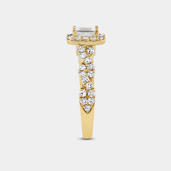 1 and 1/4 Carat Lab-Grown Diamond Emerald-Cut Halo Engagement Ring with a Braided Shank — GILDED New York
