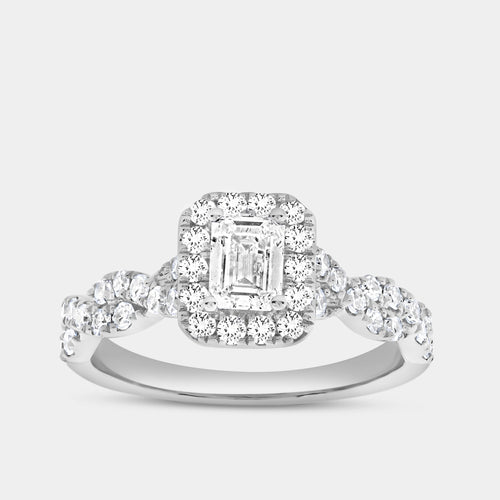 Gilded 1 and 1/4 Carat Lab-Grown Diamond Emerald-Cut Halo Engagement Ring with a Braided Shank