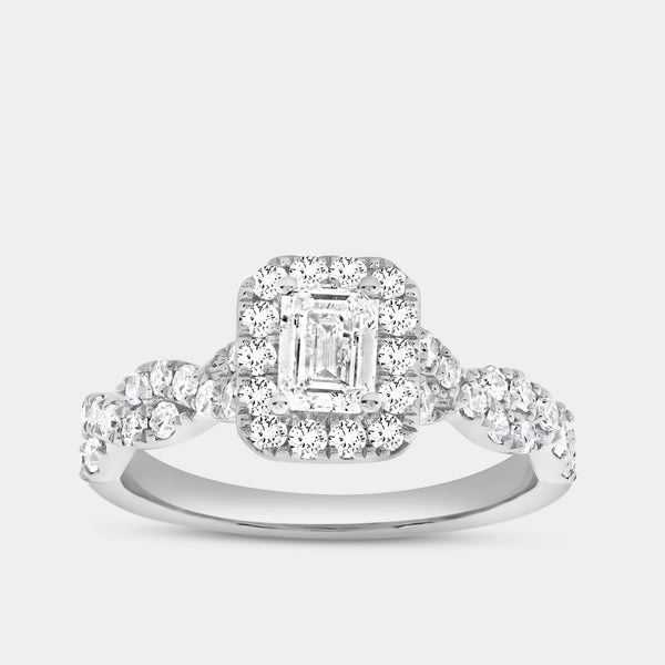 1 and 1/4 Carat Lab-Grown Diamond Emerald-Cut Halo Engagement Ring with a Braided Shank — GILDED New York