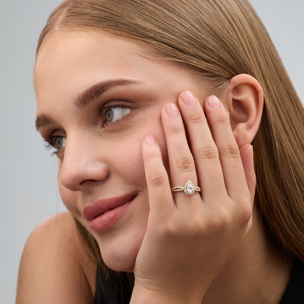 1 Carat Lab-Grown Diamond Pear-Shaped Halo Engagement Ring with a Crossover Shank — GILDED New York