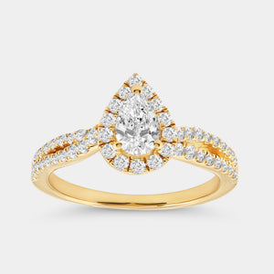 Gilded 1 Carat Lab-Grown Diamond Pear-Shaped Halo Engagement Ring with a Crossover Shank