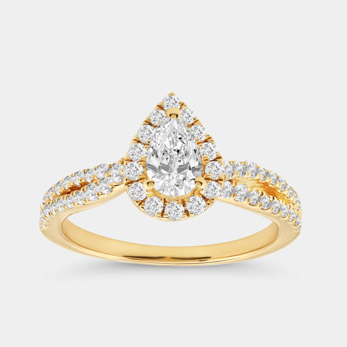 Gilded 1 Carat Lab-Grown Diamond Pear-Shaped Halo Engagement Ring with a Crossover Shank