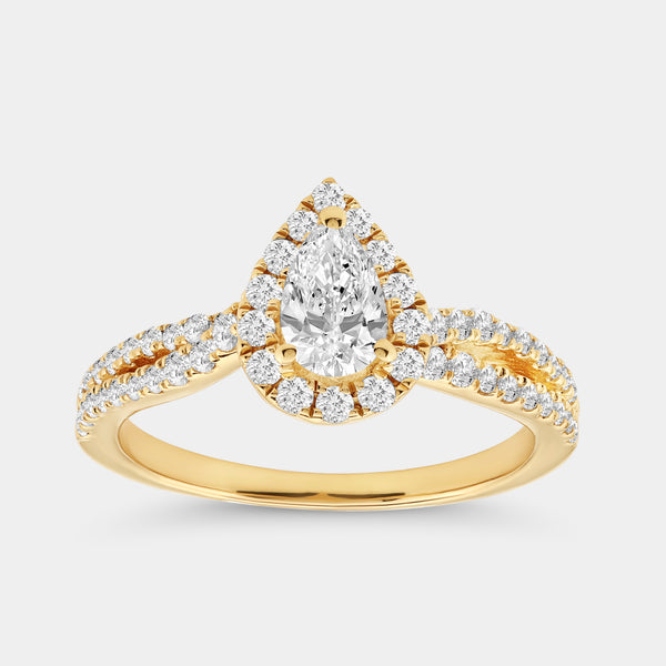 1 Carat Lab-Grown Diamond Pear-Shaped Halo Engagement Ring with a Crossover Shank — GILDED New York