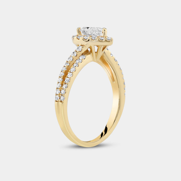 1 Carat Lab-Grown Diamond Pear-Shaped Halo Engagement Ring with a Crossover Shank — GILDED New York