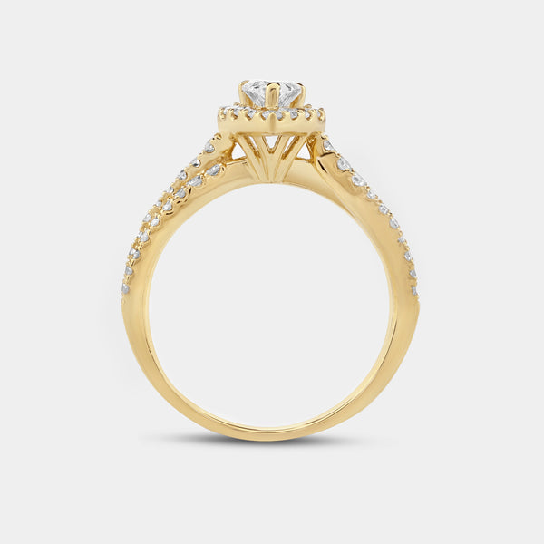 1 Carat Lab-Grown Diamond Pear-Shaped Halo Engagement Ring with a Crossover Shank — GILDED New York