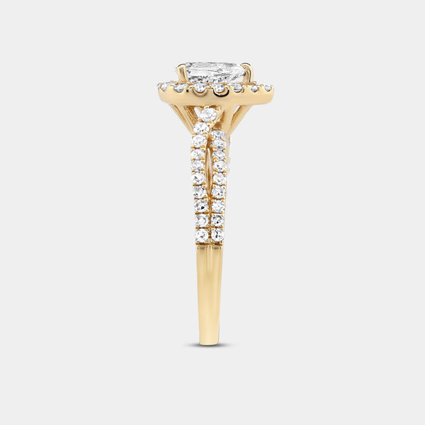 1 Carat Lab-Grown Diamond Pear-Shaped Halo Engagement Ring with a Crossover Shank — GILDED New York