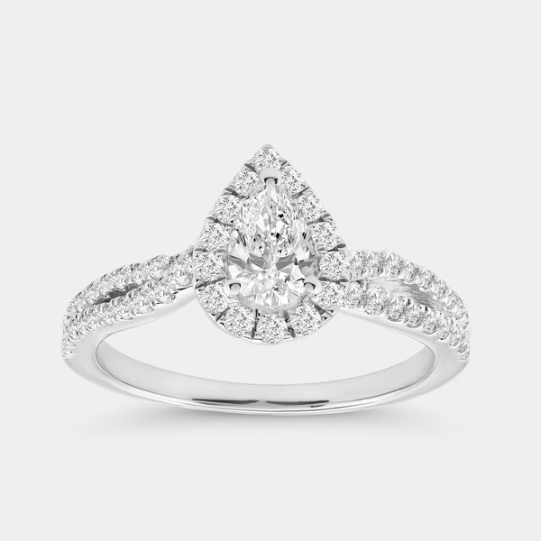 1 Carat Lab-Grown Diamond Pear-Shaped Halo Engagement Ring with a Crossover Shank — GILDED New York