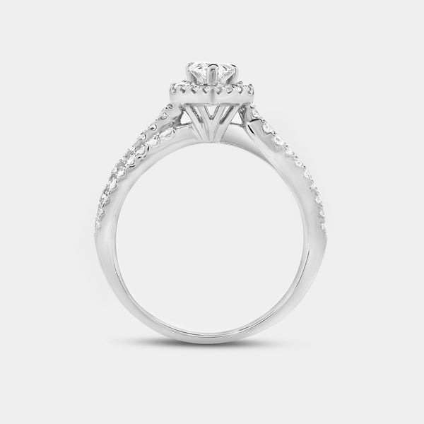 1 Carat Lab-Grown Diamond Pear-Shaped Halo Engagement Ring with a Crossover Shank — GILDED New York