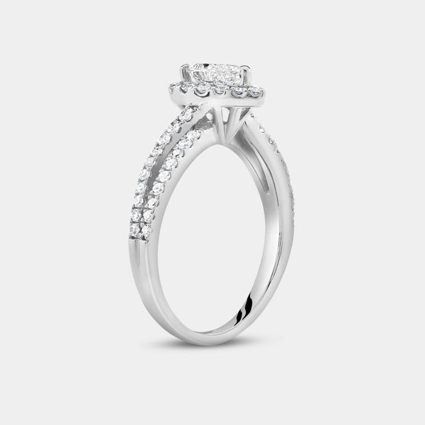 1 Carat Lab-Grown Diamond Pear-Shaped Halo Engagement Ring with a Crossover Shank — GILDED New York