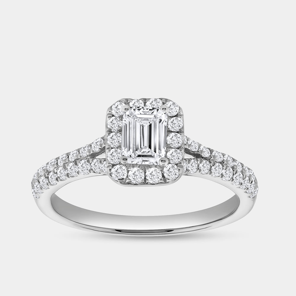 Gilded 1 Carat Lab-Grown Diamond Emerald-Cut Halo Engagement Ring with a Pavé Shank