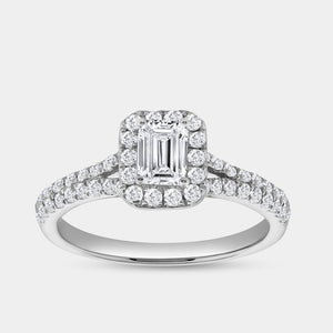 Gilded 1 Carat Lab-Grown Diamond Emerald-Cut Halo Engagement Ring with a Pavé Shank