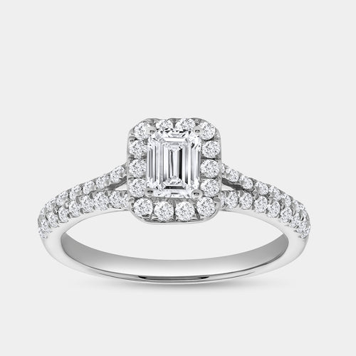 Gilded 1 Carat Lab-Grown Diamond Emerald-Cut Halo Engagement Ring with a Pavé Shank