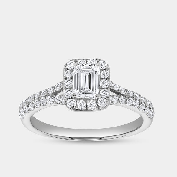 1 Carat Lab-Grown Diamond Emerald-Cut Halo Engagement Ring with a Pavé Shank — GILDED New York