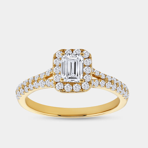 1 Carat Lab-Grown Diamond Emerald-Cut Halo Engagement Ring with a Pavé Shank — GILDED New York