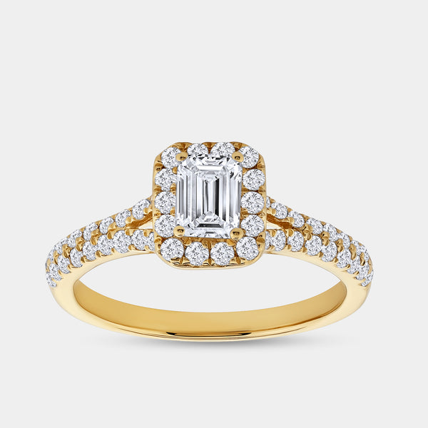 1 Carat Lab-Grown Diamond Emerald-Cut Halo Engagement Ring with a Pavé Shank — GILDED New York