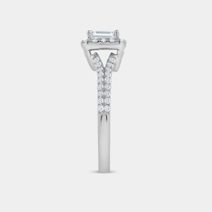 Gilded 1 Carat Lab-Grown Diamond Emerald-Cut Halo Engagement Ring with a Pavé Shank