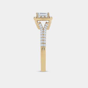 Gilded 1 Carat Lab-Grown Diamond Emerald-Cut Halo Engagement Ring with a Pavé Shank