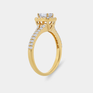 Gilded 1 Carat Lab-Grown Diamond Emerald-Cut Halo Engagement Ring with a Pavé Shank