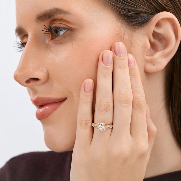 1 Carat Lab-Grown Diamond Engagement Ring with a Round-Shaped Center, a Cushion Halo and a Braided Shank — GILDED New York