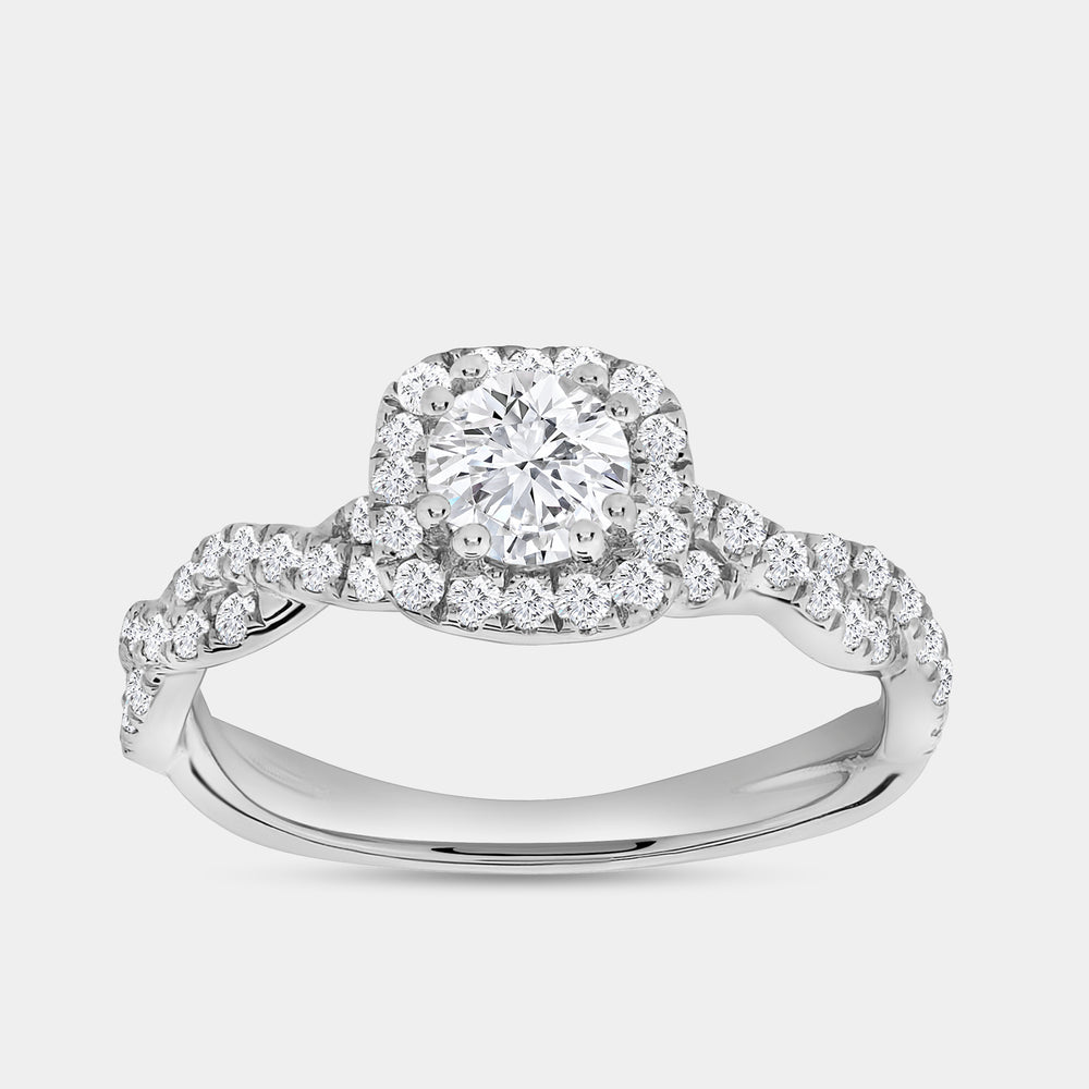 Gilded 1 Carat Lab-Grown Diamond Engagement Ring with a Round-Shaped Center, a Cushion Halo and a Braided Shank