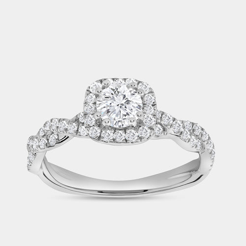 Gilded 1 Carat Lab-Grown Diamond Engagement Ring with a Round-Shaped Center, a Cushion Halo and a Braided Shank